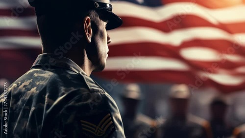 Military man in uniform standing proudly in front of American flag, suitable for patriotic and military themes. photo
