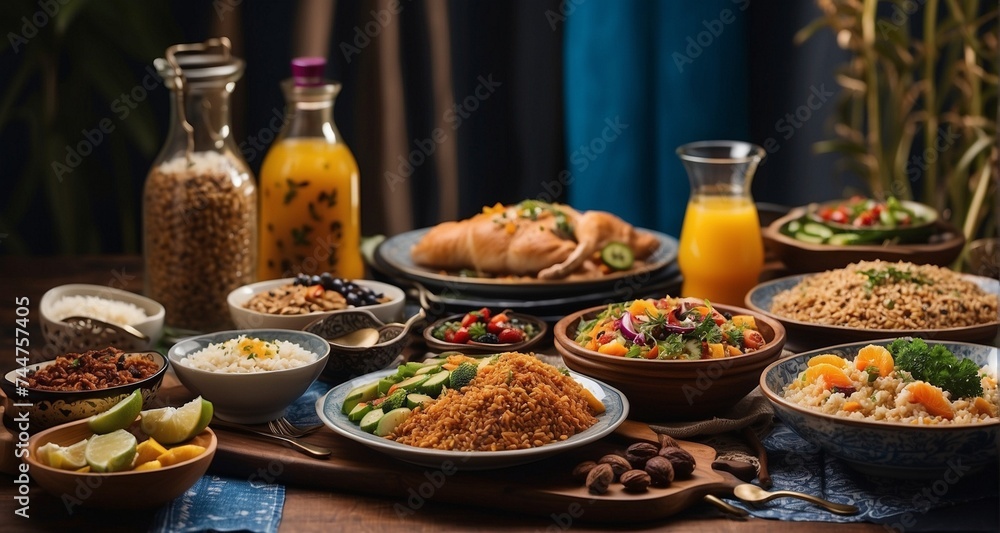 Showcase the authenticity of a sahur dining scene with ultra-realistic precision, highlighting the details of suhoor essentials like whole grains, protein-rich foods-Ai Generative