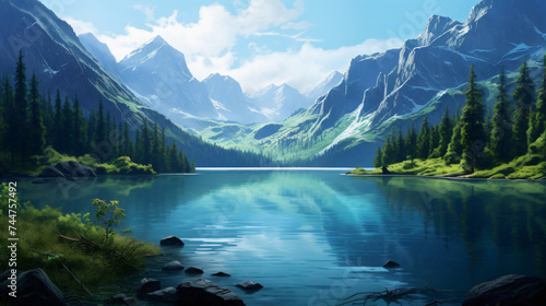 A breathtaking landscape of a shimmering blue lake
