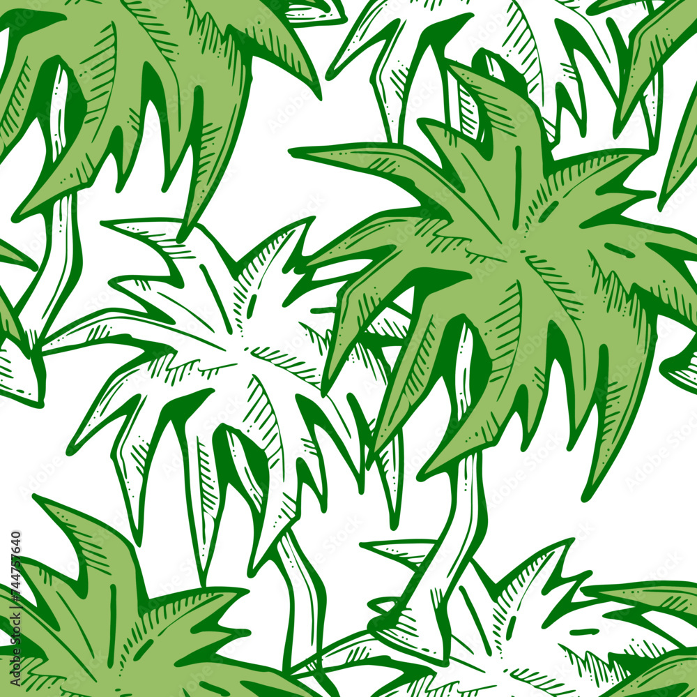 Tropical seamless vector pattern with palm leaves and tree. Holiday vocation theme for fabric print, textile design, fashion party invitation, luxury life style. Hand drawn cartoon line illustration. Tropical seamless vector pattern with palm leaves and tree. Holiday vocation theme for fabric print, textile design, fashion party invitation, luxury life style. Hand drawn cartoon line illustration.