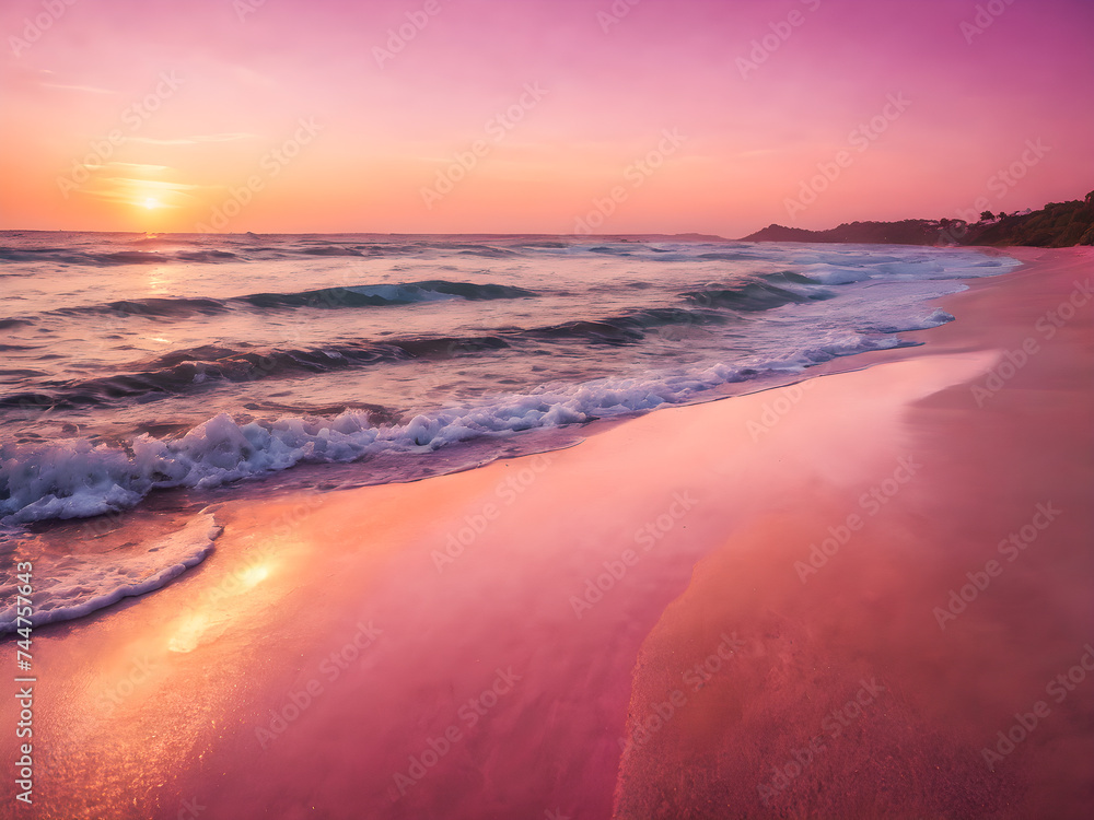 Beautiful sunset on the beach with pink sand and sea waves.