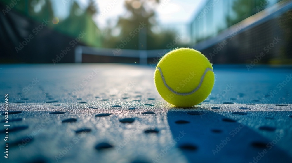 Close up of a pickleball on pickleball court.