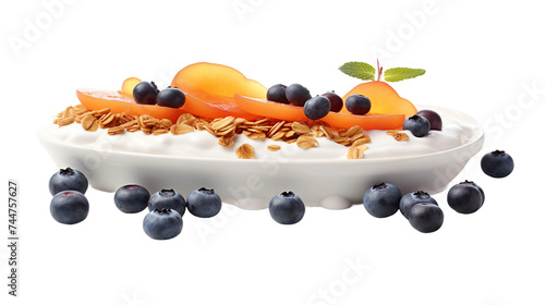 Homemade yogurt parfait with granola, blueberries, and apricots on transparent background - a delicious and healthy breakfast choice for a fresh start to your morning routine.