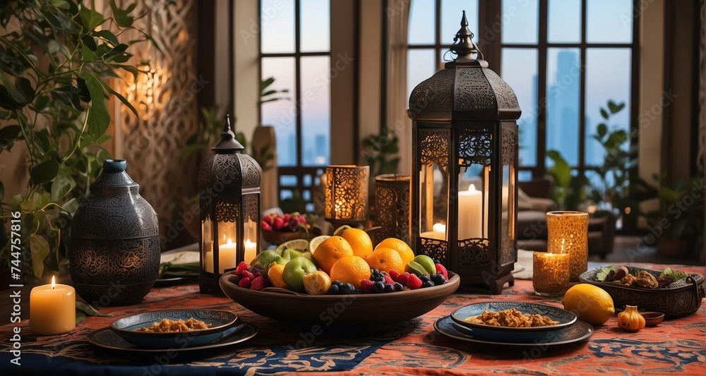 Craft a visually immersive composition featuring a sahur table adorned with ultra-realistic decor elements such as lanterns, fruits, and Islamic calligraphy-Ai Generative