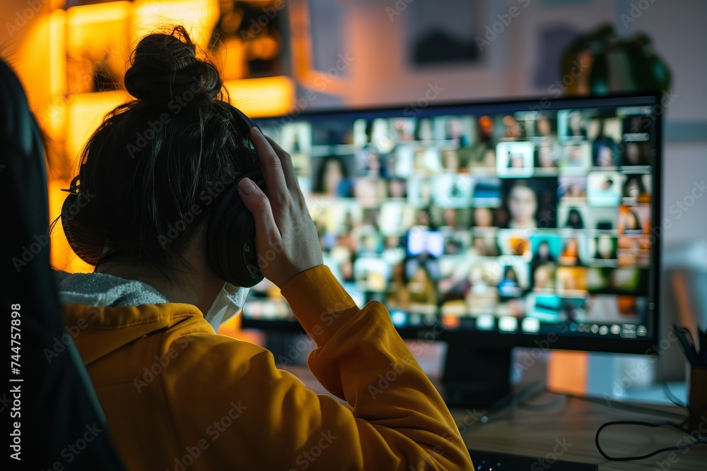 Woman watching virtual meeting, remote work, online conference Woman watching virtual meeting, remote work, online conference