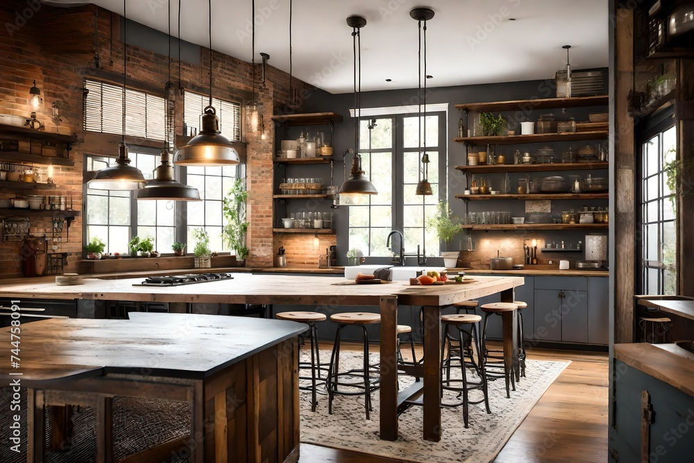 A vintage industrial kitchen with salvaged wood, Edison bulb lighting, and metal accents. An eclectic and stylish space with a touch of nostalgia