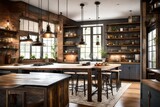 A vintage industrial kitchen with salvaged wood, Edison bulb lighting, and metal accents. An eclectic and stylish space with a touch of nostalgia