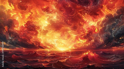 Fiery Apocalypse, Explosive Sky and Ocean Afire, Vivid Depiction of Catastrophic Environmental Event