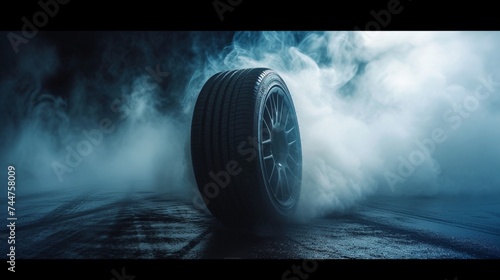 Car tire and smoke on black background © Ahtesham
