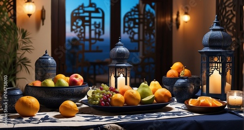 Craft a visually immersive composition featuring a sahur table adorned with ultra-realistic decor elements such as lanterns, fruits, and Islamic calligraphy-Ai Generative photo