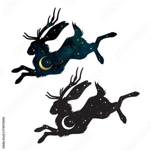 Silhouette of Jackalope hare with horns folklore magic animal with night sky with crescent moon gothic tattoo design isolated vector illustration