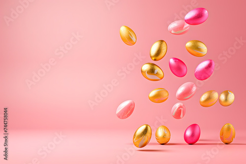 Easter eggs of gold and pink color flying and levitating on a pink background, minimal creative Easter layout for congratulations