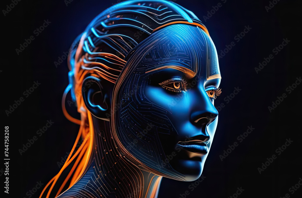 Artificial intelligence in humanoid head with neural network thinks. AI with Digital Brain is learning processing big data, analysis information. Face of cyber mind. Technology background concept.