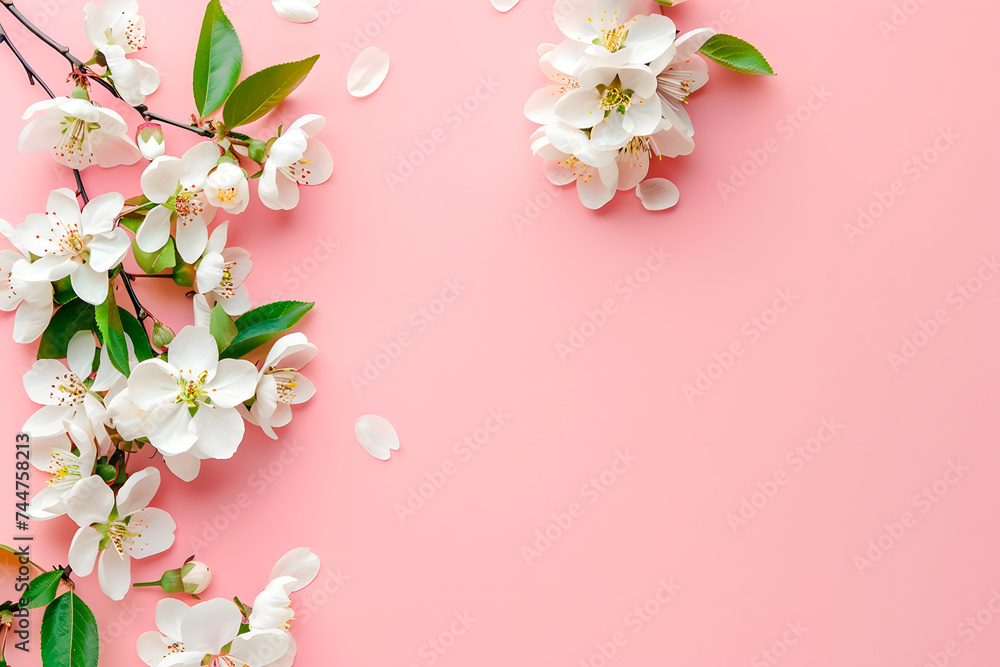 Pink background with white flowers with empty space for text and design of greeting card. Postcard for International Women's Day and Mother's Day. Banner.