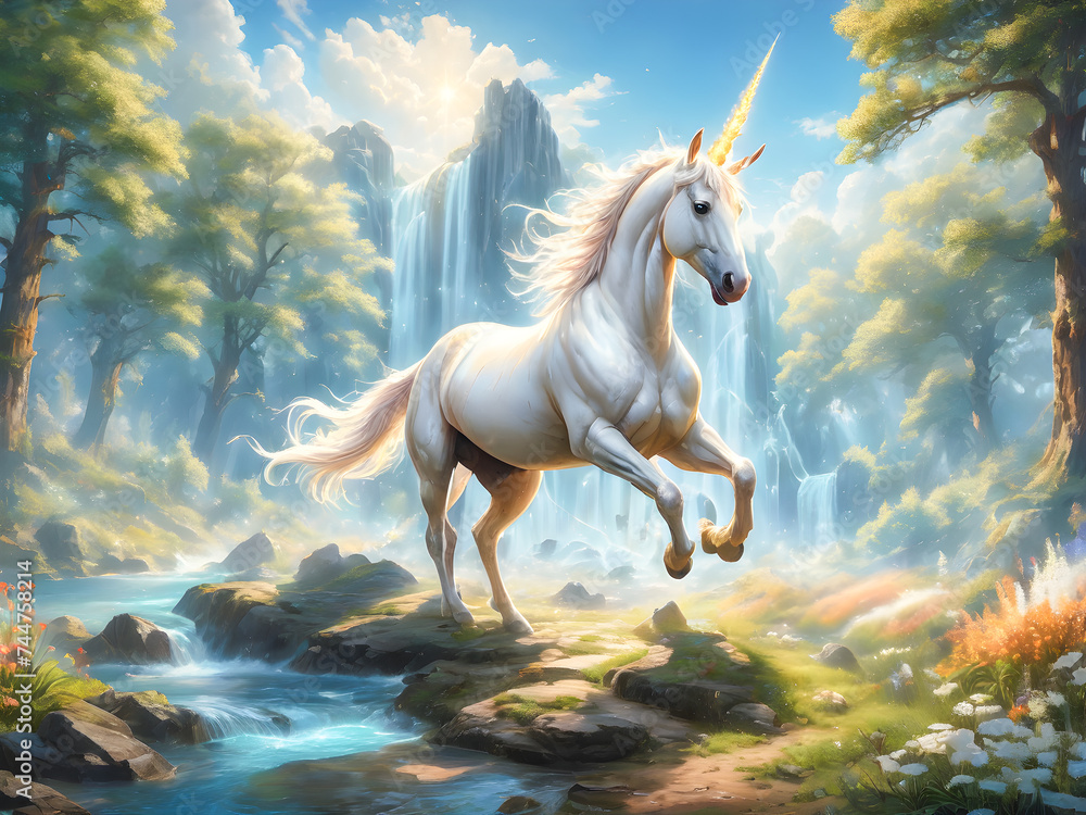 White unicorn on a background of a waterfall in the forest. Digital painting. White unicorn on a background of a waterfall in the forest. Digital painting.