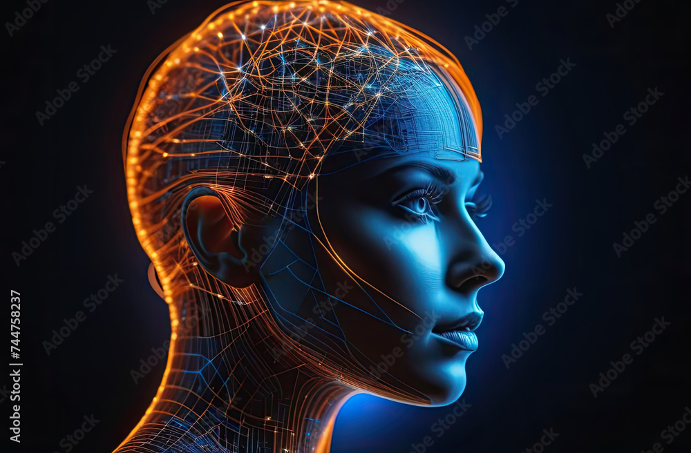 Artificial intelligence in humanoid head with neural network thinks. AI with Digital Brain is learning processing big data, analysis information. Face of cyber mind. Technology background concept. Artificial intelligence in humanoid head with neural network thinks. AI with Digital Brain is learning processing big data, analysis information. Face of cyber mind. Technology background concept.