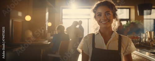 Portrait of a pretty young smiling waitress in a restaurant.