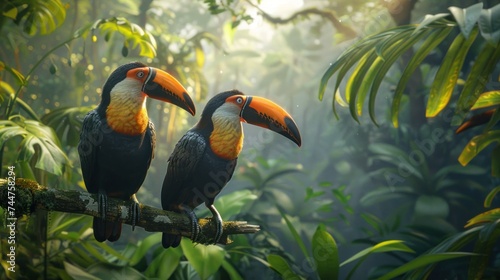bird, wild, wildlife, forest, hornbill, nature, tropical, animal, couple, feather. hornbill with two lovely colorful toucan feathered creatures in a rainforest. couple of hornbill feathered on a tree. © sornthanashatr