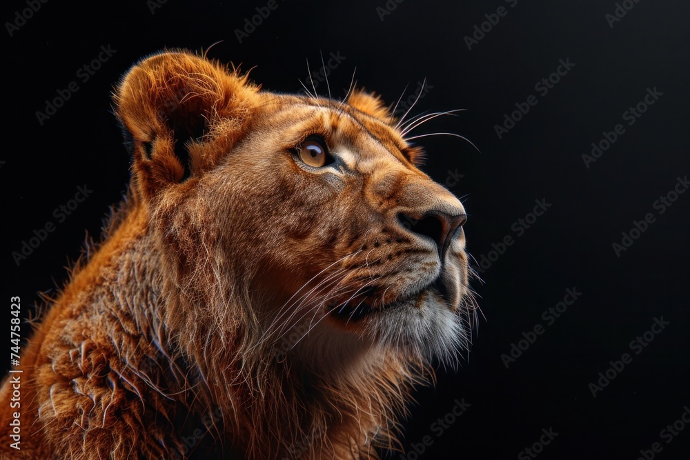 Naklejka premium animal, nature, predator, wild, wildlife, ai, background, hunter, jungle, abstract. close up portrait of lion in dramatic against black background with enigmatic intense expression via Gen AI.