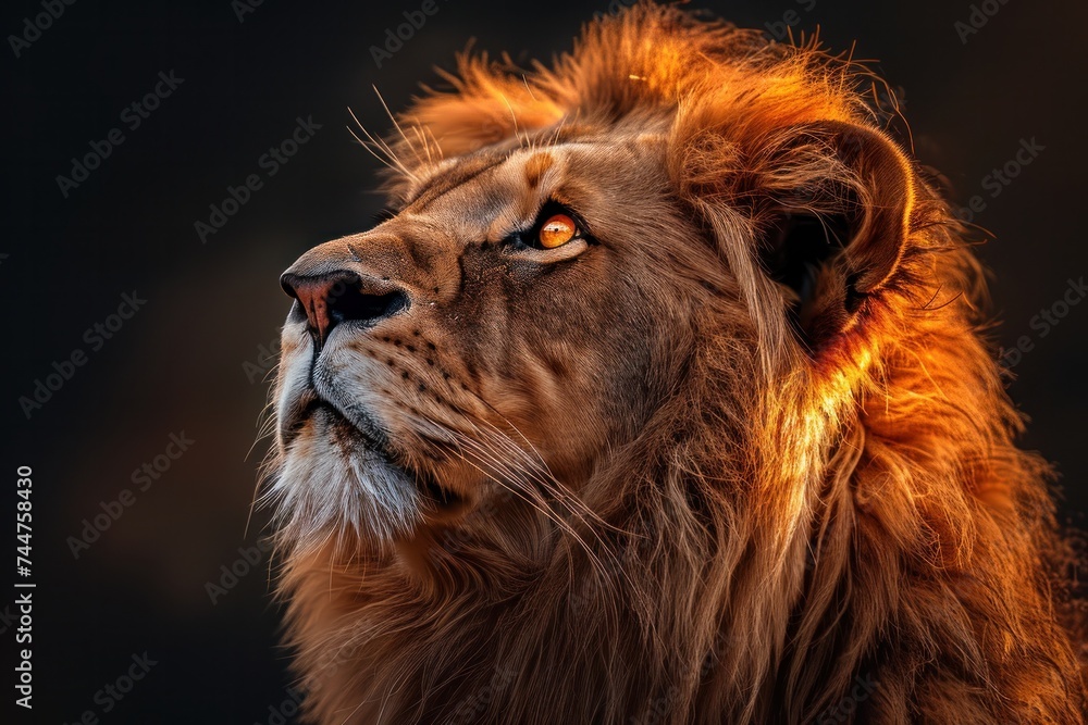 Naklejka premium animal, nature, predator, wild, wildlife, ai, background, hunter, jungle, abstract. close up portrait of lion in dramatic against black background with enigmatic intense expression via Gen AI.
