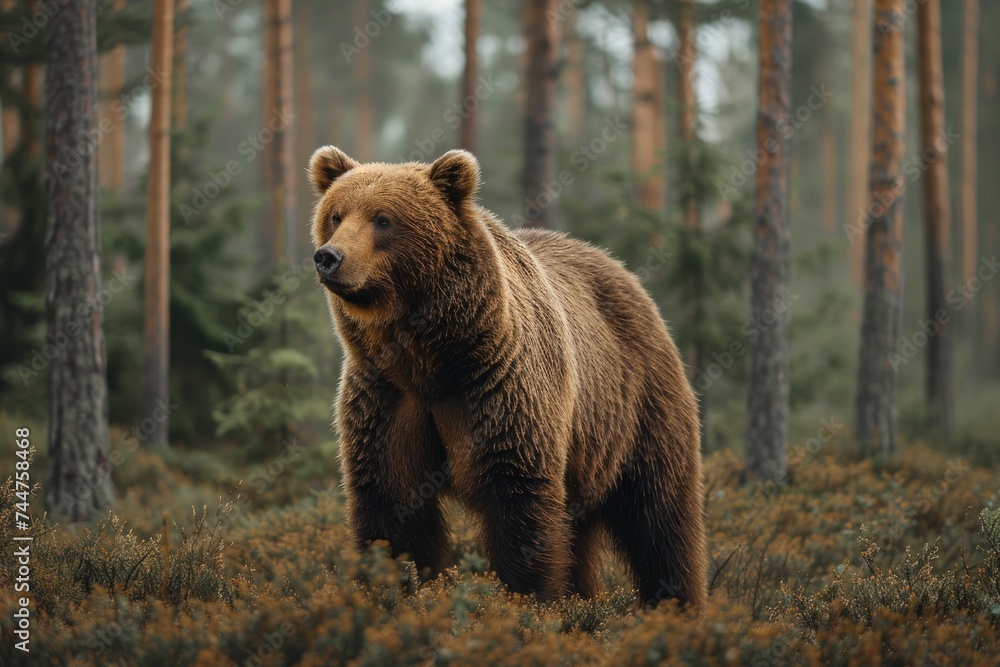 Fototapeta premium animal, bear, forest, mammal, nature, wildlife, big, brown bear, wild, background. close up to big brown bear walking in rainforest with thin fog. dangerous animal in nature forest and meadow habitat.