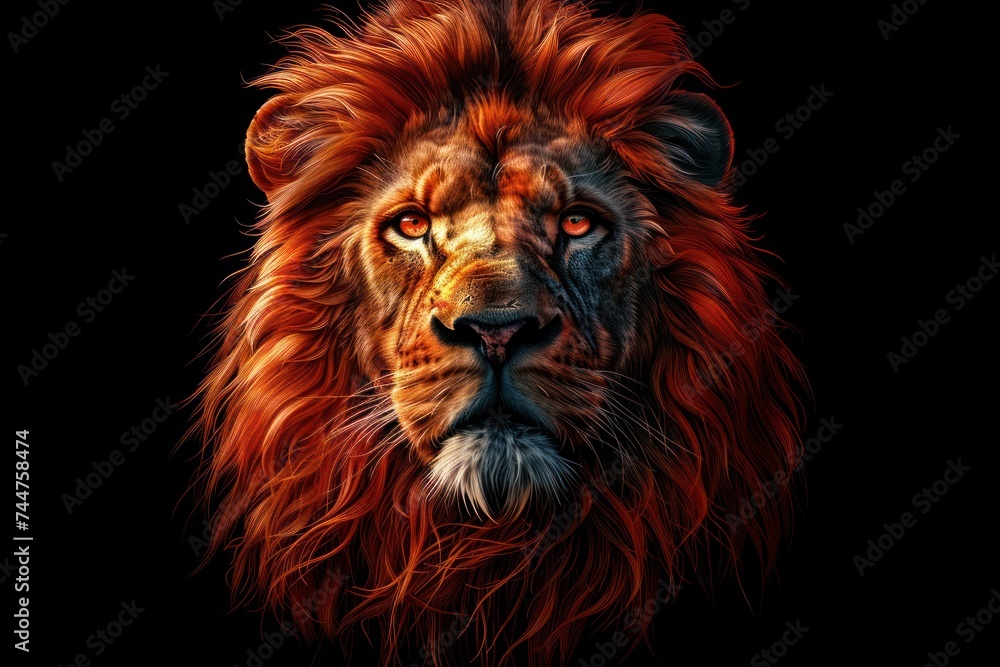 Fototapeta premium animal, nature, predator, wild, wildlife, ai, background, hunter, jungle, abstract. close up portrait of lion in dramatic against black background with enigmatic intense expression via Gen AI.