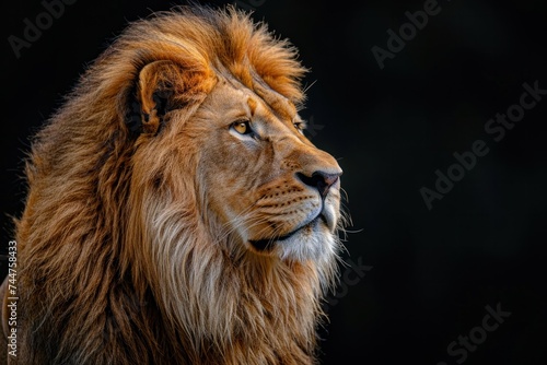 animal  nature  predator  wild  wildlife  ai  background  hunter  jungle  abstract. close up portrait of lion in dramatic against black background with enigmatic intense expression via Gen AI.