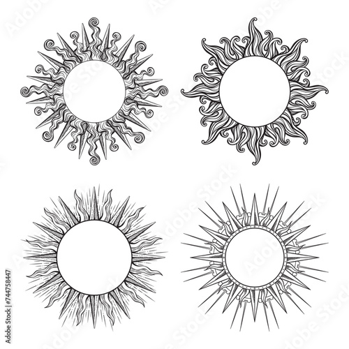Set of hand drawn etching style frames in a shape of sun rays vector illustration