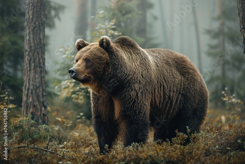animal  bear  forest  mammal  nature  wildlife  big  brown bear  wild  background. close up to big brown bear walking in rainforest with thin fog. dangerous animal in nature forest and meadow habitat.