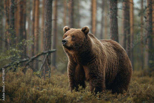 animal, bear, forest, mammal, nature, wildlife, big, brown bear, wild, background. close up to big brown bear walking in rainforest with thin fog. dangerous animal in nature forest and meadow habitat. © sornthanashatr