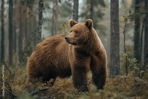 animal, bear, forest, mammal, nature, wildlife, big, brown bear, wild, background. close up to big brown bear walking in rainforest with thin fog. dangerous animal in nature forest and meadow habitat.