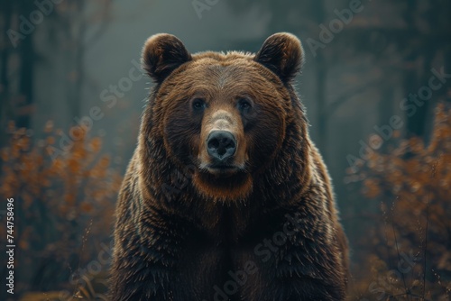 animal, bear, forest, mammal, nature, wildlife, big, brown bear, wild, background. close up to big brown bear walking in rainforest with thin fog. dangerous animal in nature forest and meadow habitat.