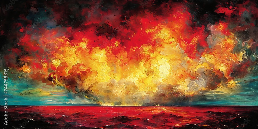 Surreal Firestorm over Ocean, Intense and Fiery Sky Reflecting on Turbulent Waters, Vivid Apocalypse Scenery