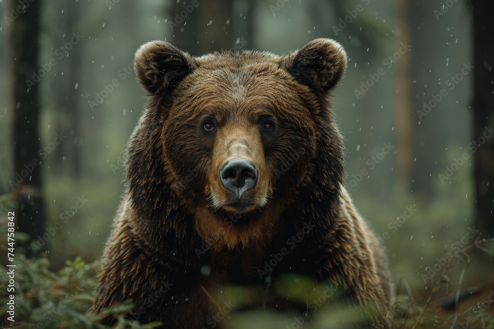 Obraz premium animal, bear, forest, mammal, nature, wildlife, big, brown bear, wild, background. close up to big brown bear walking in autumn forest with red maple. dangerous animal in nature forest, meadow habitat