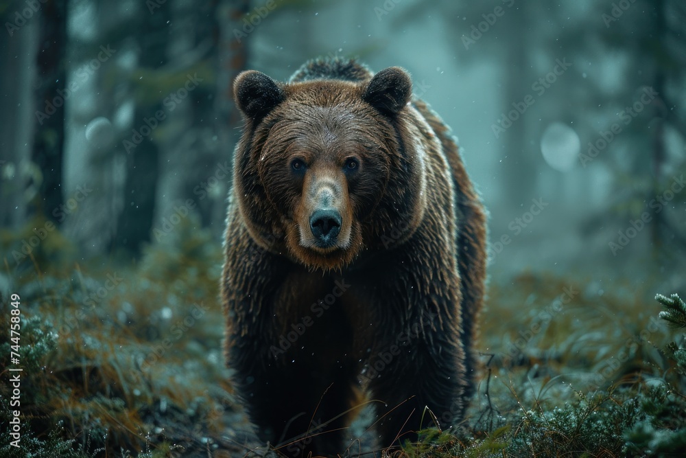Fototapeta premium animal, bear, forest, mammal, nature, wildlife, big, brown bear, wild, background. close up to big brown bear walking in autumn forest with red maple. dangerous animal in nature forest, meadow habitat