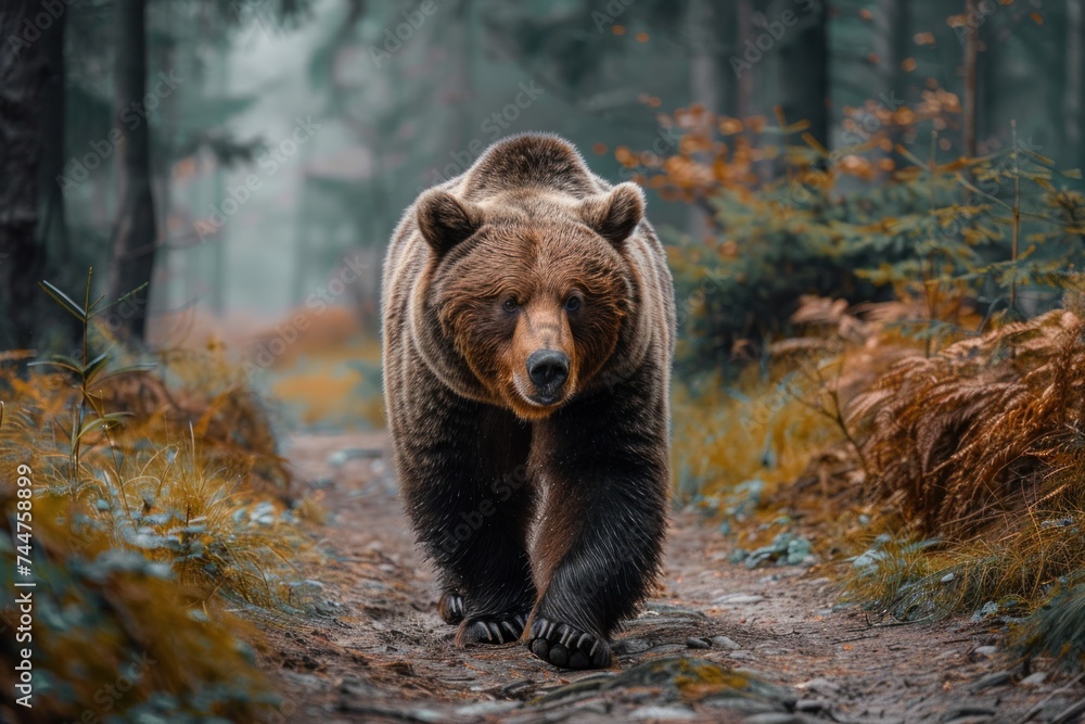 Fototapeta premium animal, bear, forest, mammal, nature, wildlife, big, brown bear, wild, background. close up to big brown bear walking in autumn forest with red maple. dangerous animal in nature forest, meadow habitat