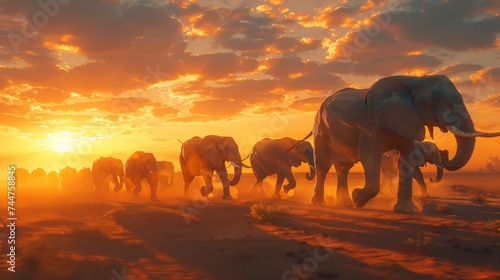 animal, elephant, mammal, sky, sunset, wild, background, wildlife, nature, field. herd of elephants walking across a dry grass field sunset with the sun in the background and a few trees in foreground © sornthanashatr