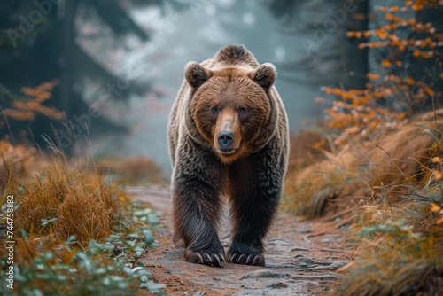 animal, bear, forest, mammal, nature, wildlife, big, brown bear, wild, background. close up to big brown bear walking in autumn forest with red maple. dangerous animal in nature forest, meadow habitat © sornthanashatr