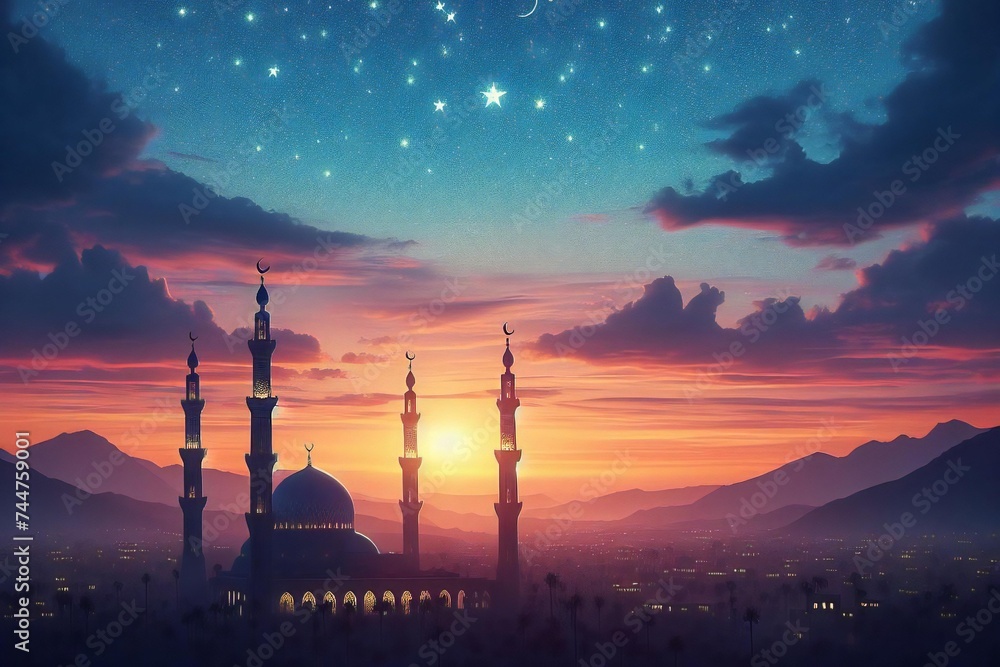 ramadan kareem. mosque with crescent and stars eid mubarak greeting cover card