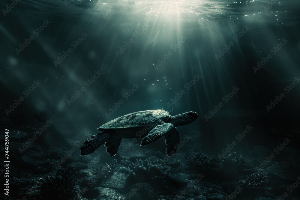 Obraz premium turtle, nature, underwater, water, animal, swimming, reef, sea turtle, tortoise, aquatic. close up ancient sea turtle, portrait of mystery sea turtle swimming underwater with sunshine via ai generate.