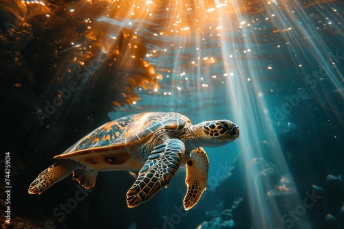 turtle, nature, underwater, water, animal, swimming, reef, sea turtle, tortoise, aquatic. close up to ancient sea turtle, portrait of happy sea turtle swimming underwater with sunshine via ai generate