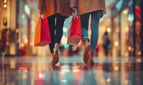 Two stylish women confidently strut down the street, their arms laden with shopping bags filled with trendy clothing and footwear, embodying the essence of street fashion and  photo