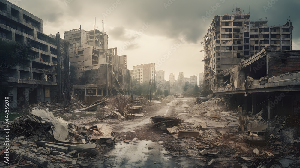 a scene of destruction and rubble in a modern city a scene of destruction and rubble in a modern city