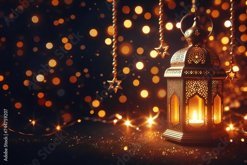 Glowing ramadan lantern with crescent. Islamic greeting cards for muslim holidays and ramadan. Banner template for celebration ramadan.