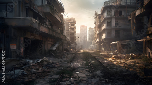  a scene of destruction and rubble in a modern city