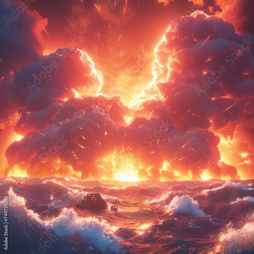 Surreal Ocean Inferno with Explosive Fiery Clouds and Churning Sea  Vivid End-of-World Imagery