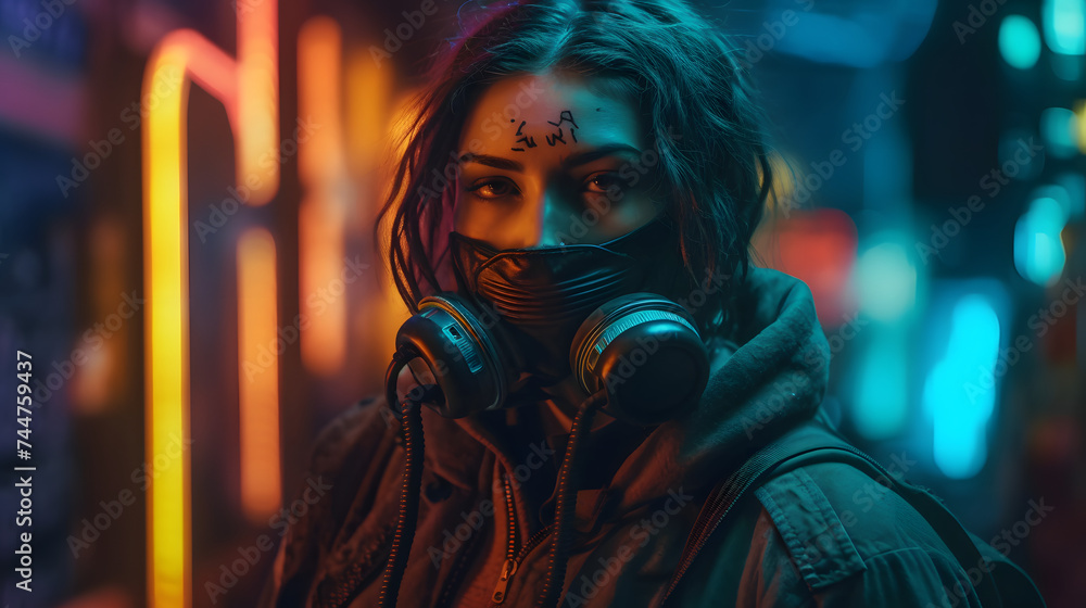 Fototapeta premium a woman dressed in gas mask and glowing neon lights against a background