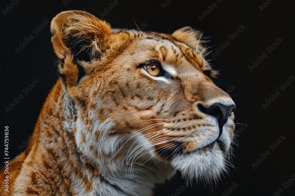 Obraz premium portrait of tiger in dramatic against black background with enigmatic intense expression via Gen AI.