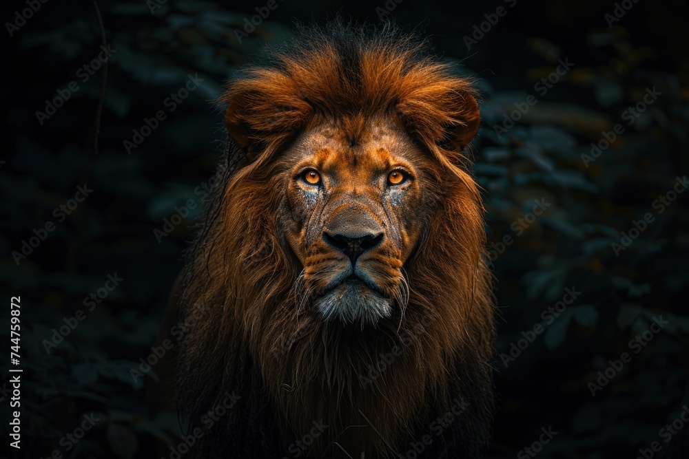 Obraz premium animal, nature, predator, wild, wildlife, ai, background, hunter, jungle, abstract. close up portrait of lion in dramatic against black background with enigmatic intense expression via Gen AI.