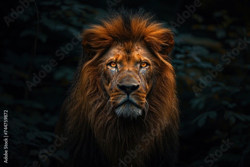 animal  nature  predator  wild  wildlife  ai  background  hunter  jungle  abstract. close up portrait of lion in dramatic against black background with enigmatic intense expression via Gen AI.